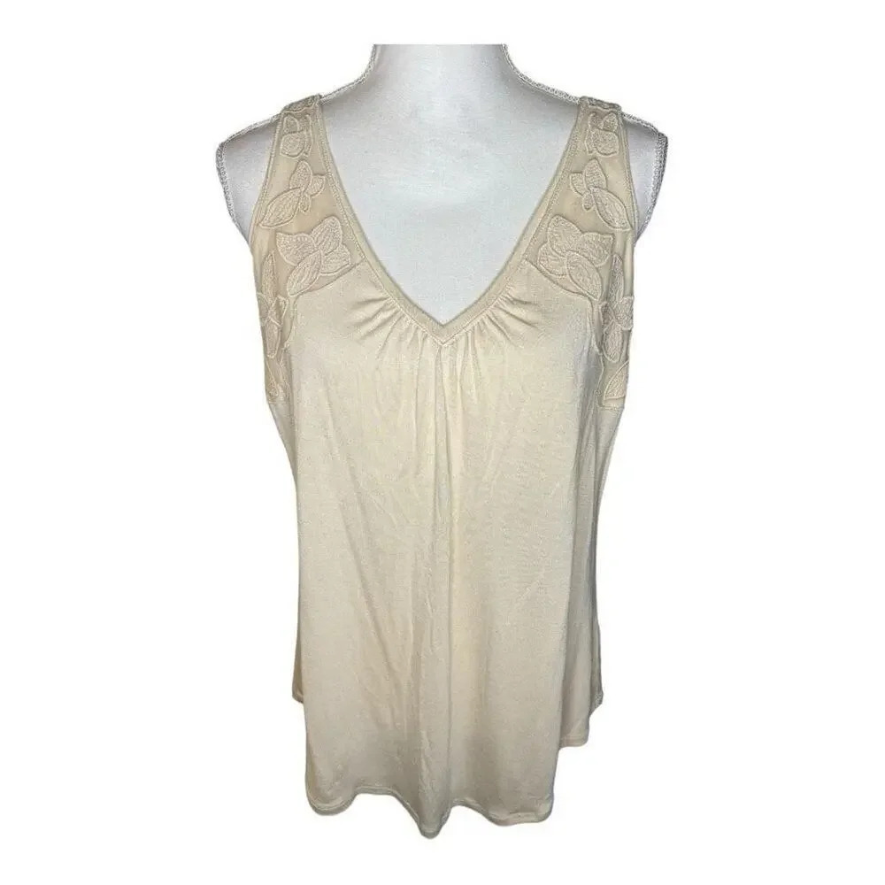 a.n.a Women’s Size Medium Cream Floral Mesh Embellished‎ Sleeveless Top